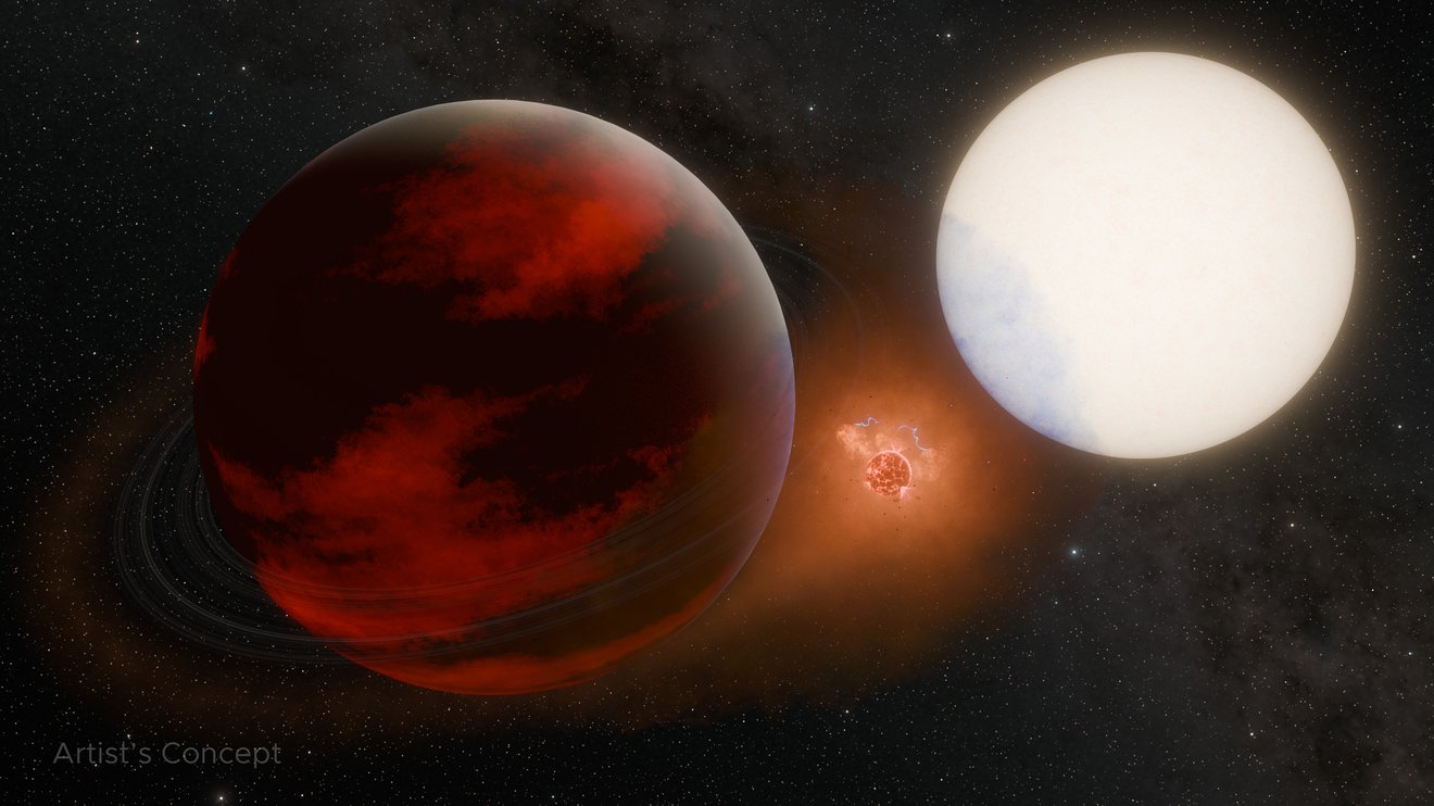 Volcanic exomoon between WASP-49 b and its star (artist's concept, NASA/JPL-Caltech)